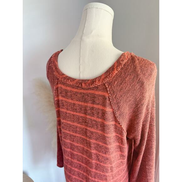 Free People Coral Stripe Long Sleeve Sweater Medium Boatneck Raw Edge Baseball T - Picture 6 of 6